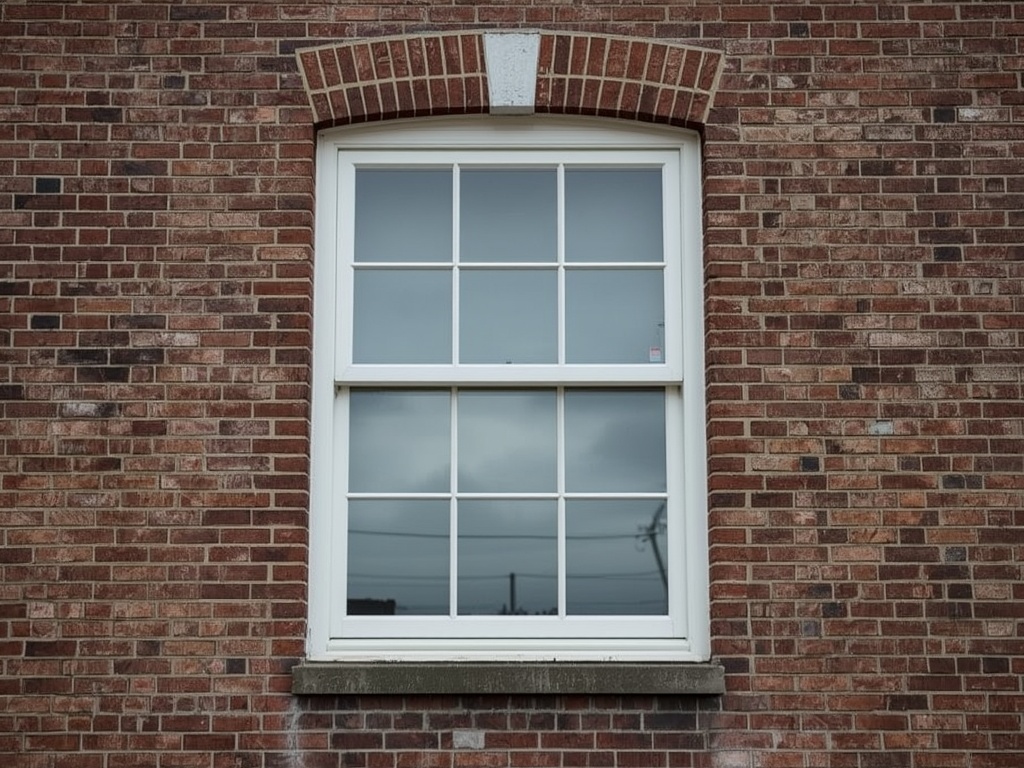 Detailopname kunststof kozijn met houtnerf structuur tegen stenen gevel Hardenberg