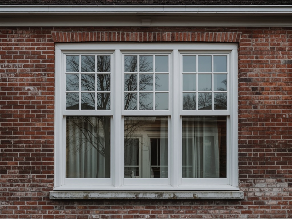 Close-up houtlook kunststof kozijn op jaren 30 bakstenen gevel Meppel