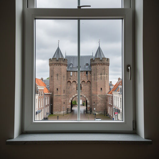 Interieur van een Zwols stadspand met uitzicht door kunststof kozijnen op de Sassenpoort