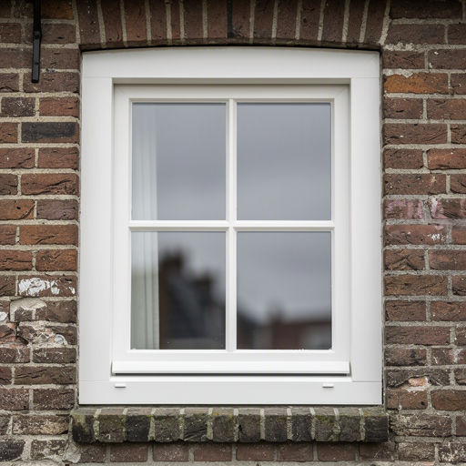 Detail van wit kunststof kozijn in bakstenen 19e-eeuwse gevel in Zwolse binnenstad