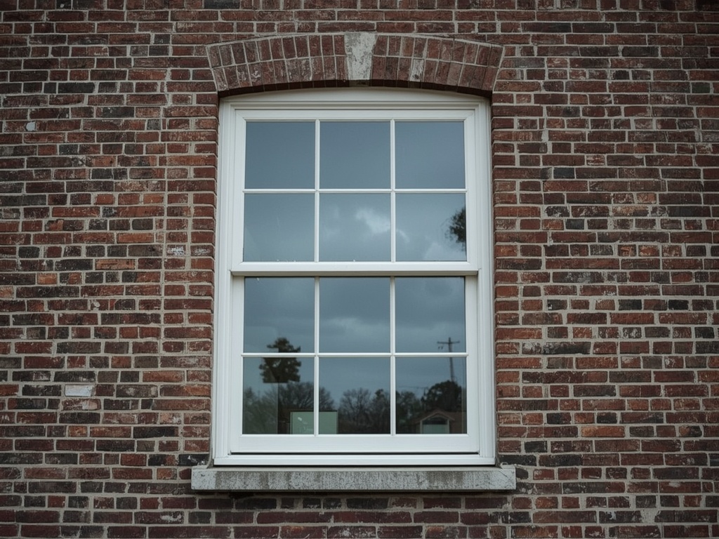 Close-up kunststof kozijn wit op bakstenen 19e-eeuwse gevel Deventer stadspand