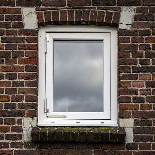 Close-up van wit kunststof kozijn in een gemetselde gevel van een jaren '30 woning in Hattem