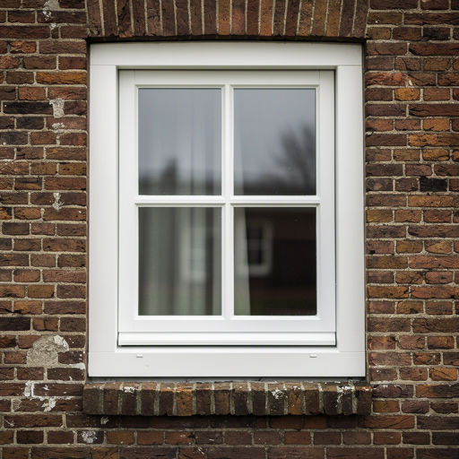 Close-up kunststof kozijn wit op bakstenen 19e-eeuwse gevel Zwolle stadspand