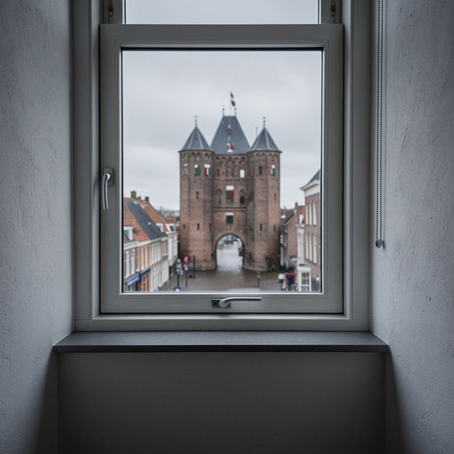 Interieur Zwols stadspand met uitzicht door kozijnen richting Sassenpoort
